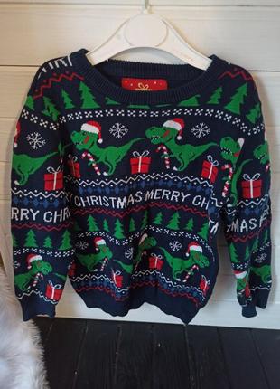 Рождественский новогодний свитер джемпер с динозаврами 3-4 года