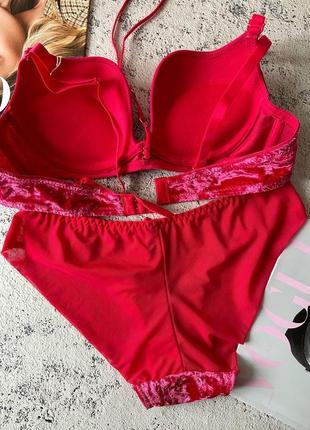 75,80,85с красный велюровый комплект женского нижнего белья на 3 размер с пуш ап2 фото