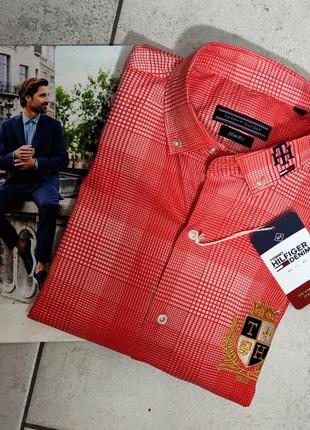 Мужская элегантная хлопковая рубашка tommy hilfiger в клетку  размер м