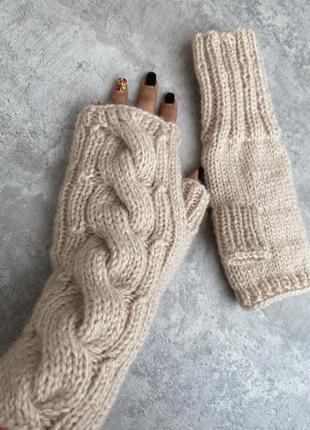 Митенки вязаные тёплые варежки молочные бежевые узор вязаные митенки мохер