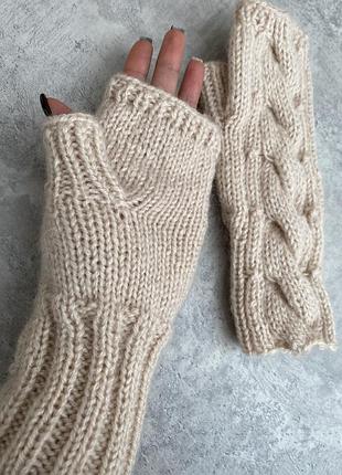 Митенки вязаные тёплые варежки молочные бежевые узор вязаные митенки мохер