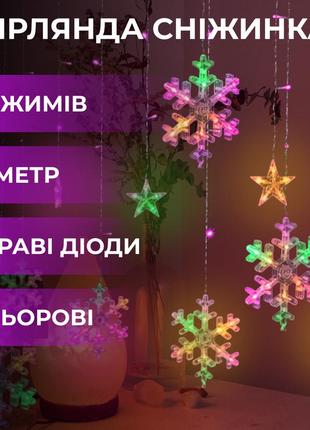 Гірлянда - штора сніжинки 3м 12 фігур, жовтий,білий,синій,різнокольор