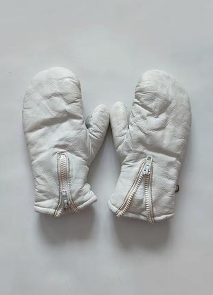 Кожаные белые перчатки перчатки варежки кожуни кожа зимние теплые на замке женские...