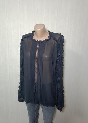 Черная блуза. блуза женская. шифоновая блуза. прозрачная блуза с кружевом. жестевая блуза с мелким рюшем и кружком3 фото