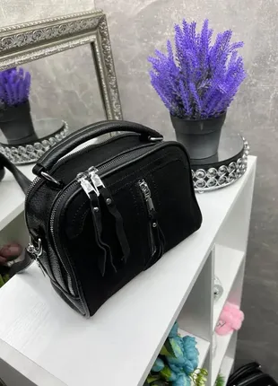 Натур. замша. чорна — одне відділення на двох блискавках — стильна, елегантна та якісна сумочка