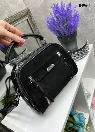 Натур. замша. чорна — одне відділення на двох блискавках — стильна, елегантна та якісна сумочка3 фото