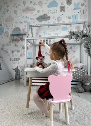Столик детский прямоугольный с ящиком и стульчик мишка 46х60х45 белый/розовый (36987)4 фото