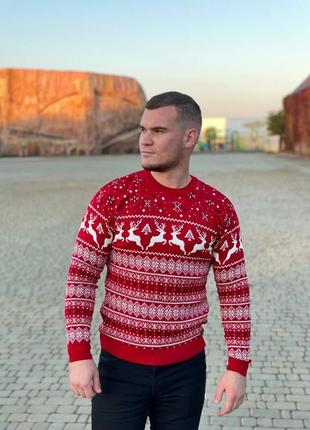 Мужской свитер с рождественскими оленями красный. размер:m,l,xl. состав: 70% шерсть, 30% акрил
