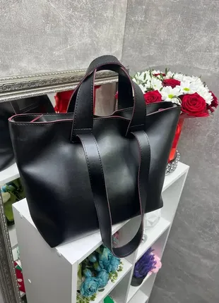 Черная с красным краем - вместительная сумка с экокожи. дорогой турецкий материал.2 фото