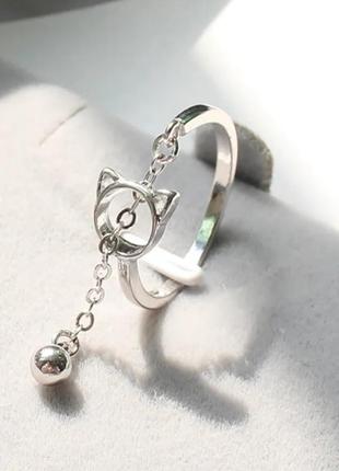 Кольцо котик колокольчик серебро 925 покрытие колечко бубенчик