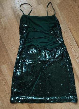 Смарагдова сукня з пайетками з тонкими бретелями від zara6 фото