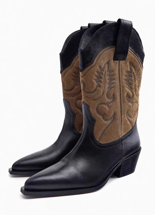 Кожаные ботинки в ковбойском стиле с вышивкой zara❤2 фото