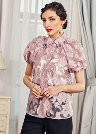 Shein розовая блуза из органзы с рукавами буфами фонариками нарядная полупрозрачная в винтажном стиле5 фото