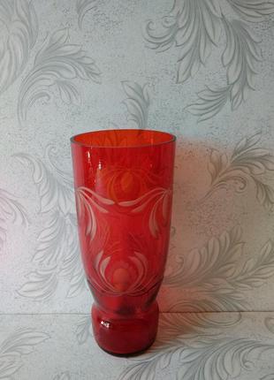 Кришталева червона рубінова велика ваза, гумовий малюнок 29 см ретро вінтаж ссер1 фото