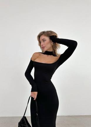 Стильное женское черное платье приталенное4 фото