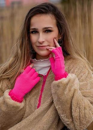 Неоново-розовые удлиненные перчатки митенки,рукавицы5 фото