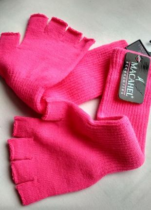 Неоново-розовые удлиненные перчатки митенки,рукавицы10 фото