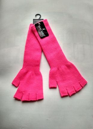 Неоново-розовые удлиненные перчатки митенки,рукавицы9 фото