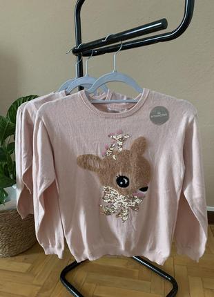 Свитер кофта с пайетками с оленем новогодняя h&m