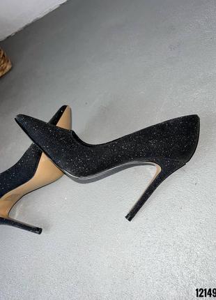 Женские туфли лодочки с напылением блесток черные5 фото