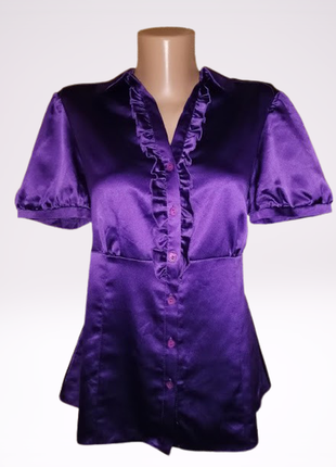 💜💜💜красивая женская атласная фиолетовая блузка, рубашка с жабо, с коротким рукавом f&f💜💜💜