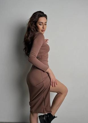 Тренд сезону💥 сукня міді рубчик туреччина ,з розрізом, плаття в стилі zara шоколад та чорний3 фото
