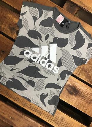 Детская хлопковая футболка с принтом adidas (адидас 11-12 лет 146-152 см идеал оригинал серо-белая)1 фото