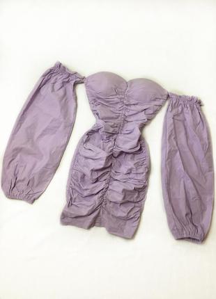 Мини платье лавандовое с объемными рукавами буфы, открытые плечи8 фото