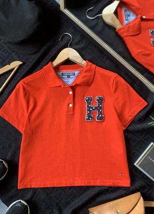 Вкорочене гарне поло tommy hilfiger оригінал томмі хілфігер червоне з лого логотипом футболка з коміром теніска топ