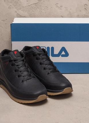 Мужские зимние кожаные кроссовки fila black classic9 фото