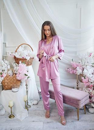 Рожева піжама жіноча шовкова комплект-двійка халат штани 906