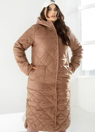 Женская теплая длинная стеганая куртка с капюшоном на кнопках большие размеры 46-6810 фото