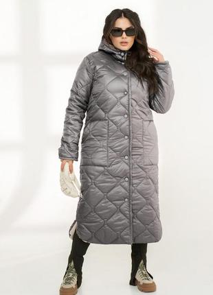 Женская теплая длинная стеганая куртка с капюшоном на кнопках большие размеры 46-687 фото