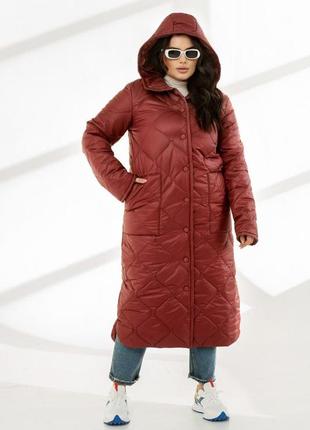 Женская теплая длинная стеганая куртка с капюшоном на кнопках большие размеры 46-688 фото