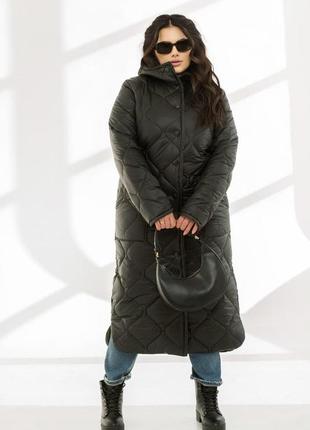Женская теплая длинная стеганая куртка с капюшоном на кнопках большие размеры 46-689 фото