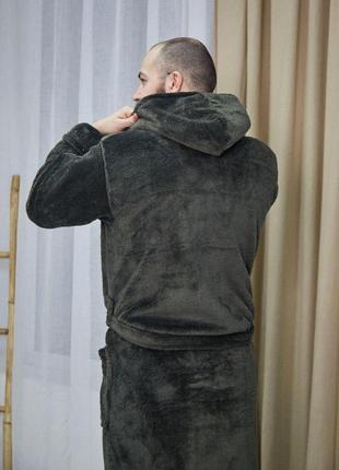 Зимний мужской халат махровый с капюшоном 1024 хаки4 фото