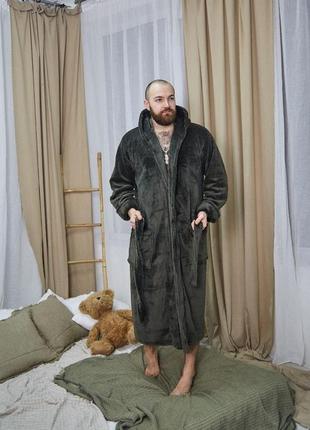 Зимовий чоловічий халат махровий з капюшоном 1024 хакі3 фото