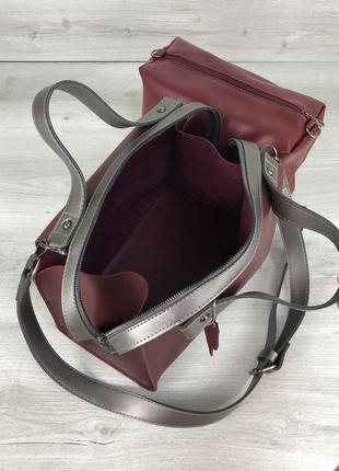 Жіноча сумка з косметичкою 2в1 бордового кольору7 фото