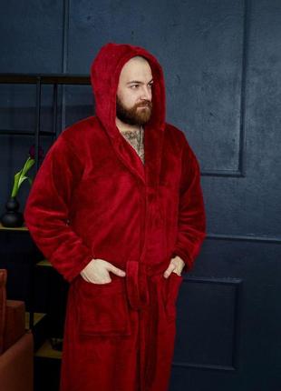 Мужской махровый халат с капюшоном 1024 бордо. теплые мужские халаты3 фото