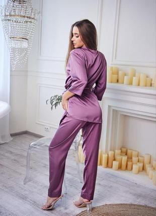 Піжама жіноча шовкова комплект-двійка халат штани 906 лавандова4 фото