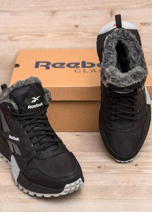 Зимние ботинки мужские reebok кожаные на меху, черные спортивные ботинки натуральная *r-05 ч/сер бот*4 фото