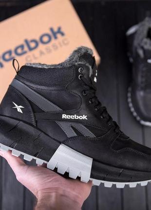 Зимние ботинки мужские reebok кожаные на меху, черные спортивные ботинки натуральная *r-05 ч/сер бот*2 фото