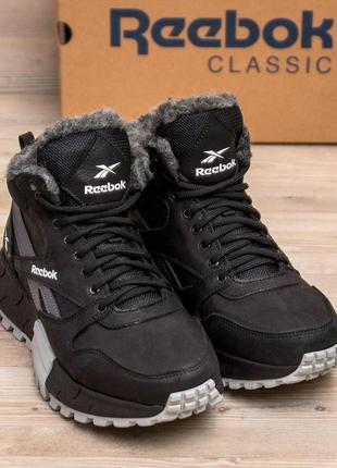 Зимние ботинки мужские reebok кожаные на меху, черные спортивные ботинки натуральная *r-05 ч/сер бот*3 фото