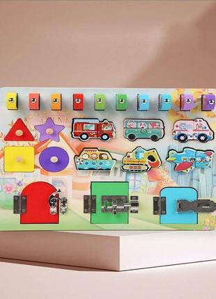 Дерев'яна іграшка сортер star toys factor co (сортер транспорт, кольори, цифри, форми, магнітна гра, пазл)