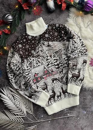 Чоловічий новорічний светр з оленями "snowy forest" білий, під шию, розмір l