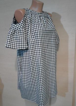 Платье в клетку с открытыми плечами рукав фонарик оверсайз вискоза zara3 фото