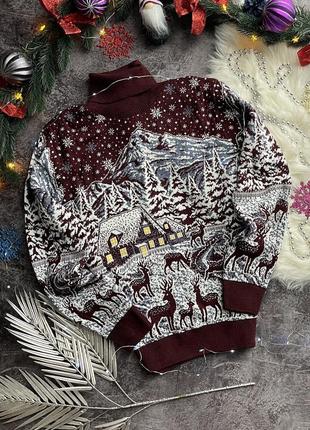 Мужской новогодний свитер с оленями "snowy forest" бордовый, под шею, размер l