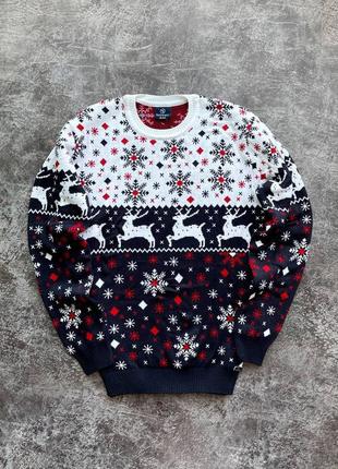 Мужской новогодний свитер с оленями "halves" бело-синий, размер s-m