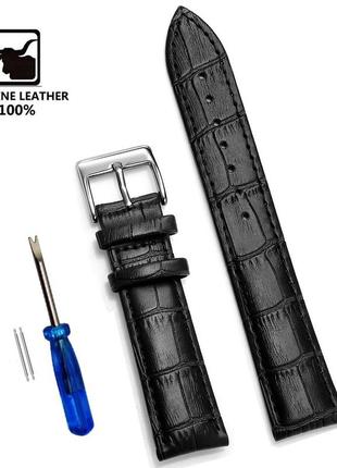 Ремешок кожаный для часов 20 мм черный, пряжка - серебристая2 фото