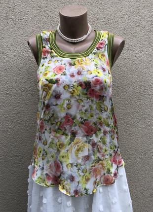 Легкая,воздушная шелковая майка удлиненная по спинке блуза,цветочный принт,шелк